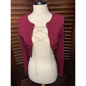 Fashion Nova Burgundy Rhinestone Chain Lace Up Cropped Cardigan Long Sleeve M